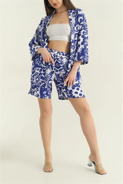 Desenli Şortlu Kimono Takım