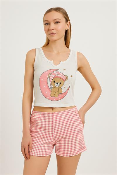 Desenli V Yaka Şortlu Pijama Takımı