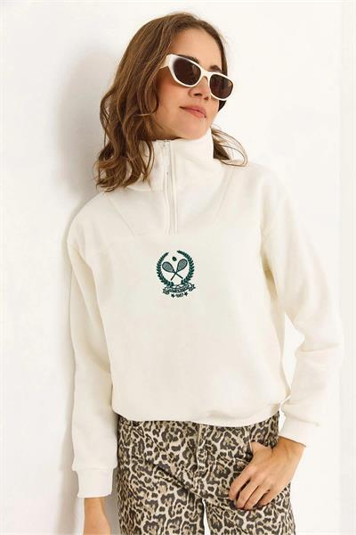 Dik Yaka Fermuarlı Roket Baskılı Sweatshirt