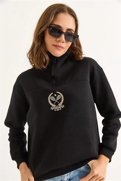 Dik Yaka Fermuarlı Roket Baskılı Sweatshirt