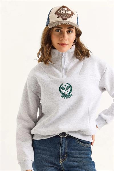Dik Yaka Fermuarlı Roket Baskılı Sweatshirt
