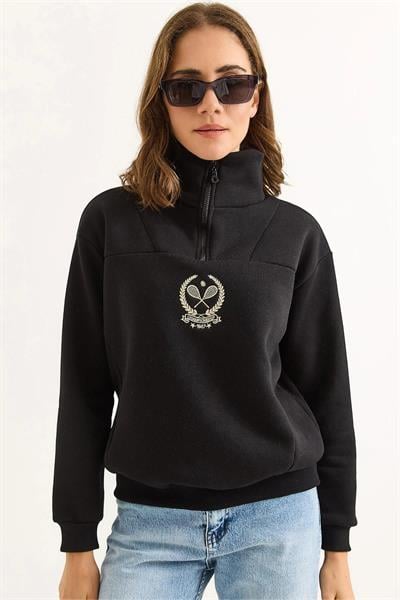 Dik Yaka Fermuarlı Roket Baskılı Sweatshirt
