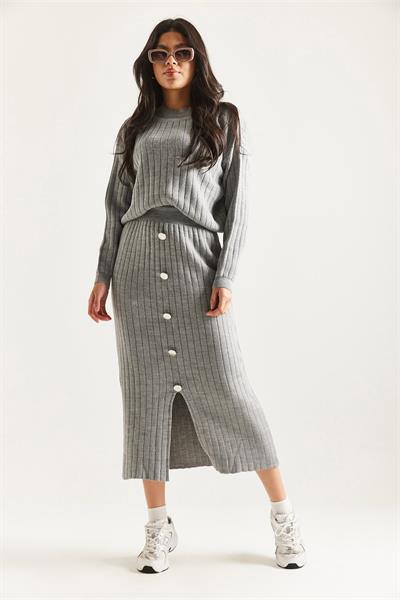 Dik Yaka Kazak Etek Triko İkili Takım