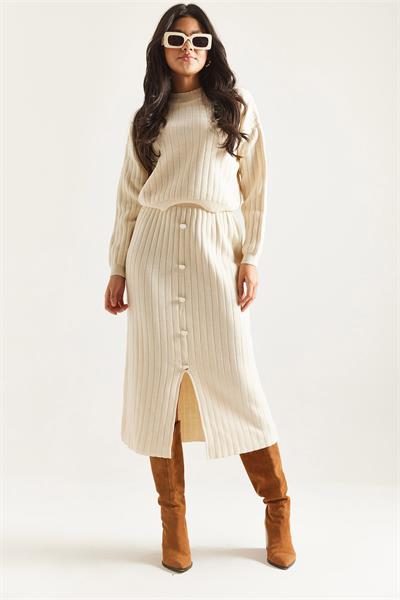 Dik Yaka Kazak Etek Triko İkili Takım