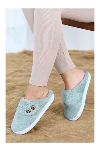 Düğme Detaylı Peluş Ev Terliği