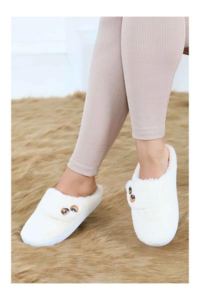 Düğme Detaylı Peluş Ev Terliği