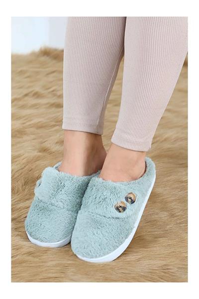 Düğme Detaylı Peluş Ev Terliği