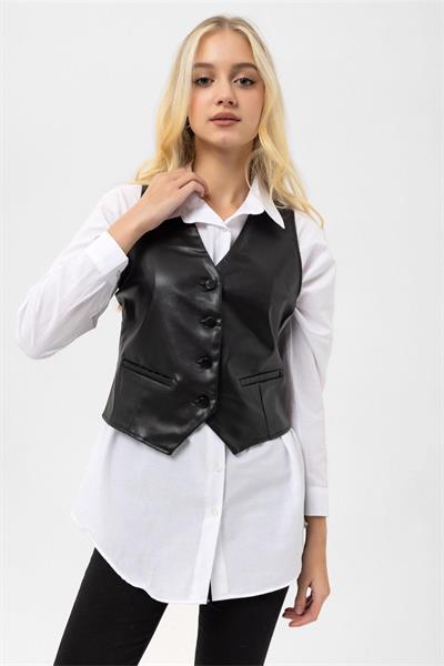 Düğme Kapama Deri Yelek