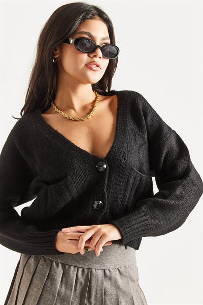 Düğmeli Crop Hırka