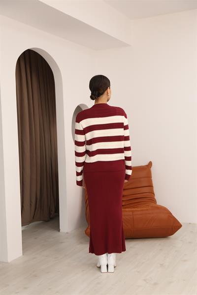 Düğmeli Kalın Çizgili Hırka Jile Elbise Takım