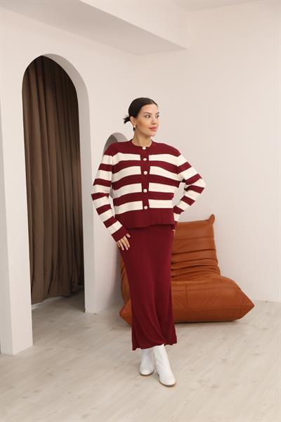 Düğmeli Kalın Çizgili Hırka Jile Elbise Takım