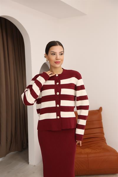 Düğmeli Kalın Çizgili Hırka Jile Elbise Takım