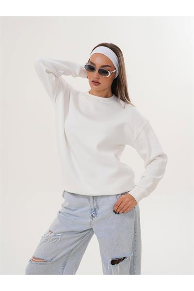 Düz Basic Bisiklet Yaka Oversize Sweatshirt