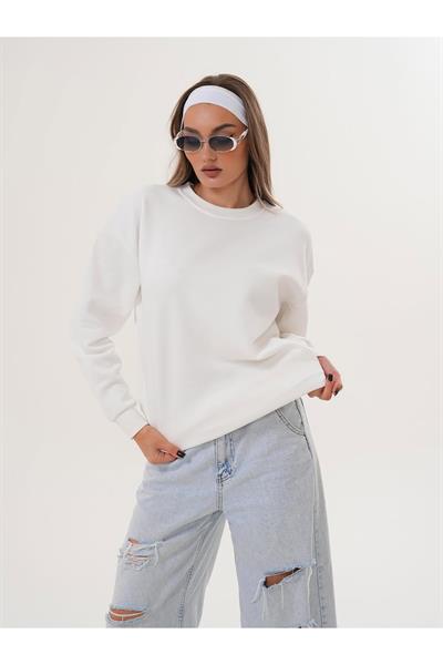 Düz Basic Bisiklet Yaka Oversize Sweatshirt