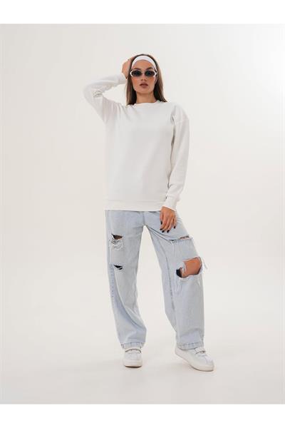 Düz Basic Bisiklet Yaka Oversize Sweatshirt