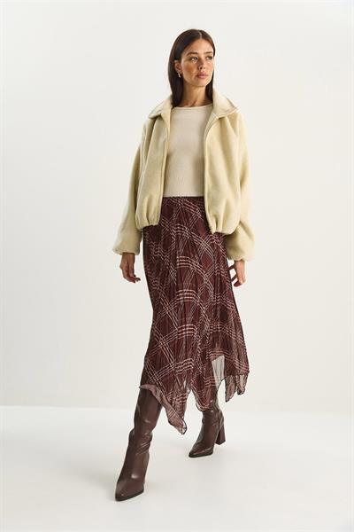 Ekose Desenli Astarlı Midi Boy Şifon Etek