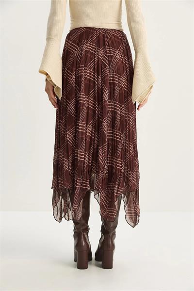 Ekose Desenli Astarlı Midi Boy Şifon Etek