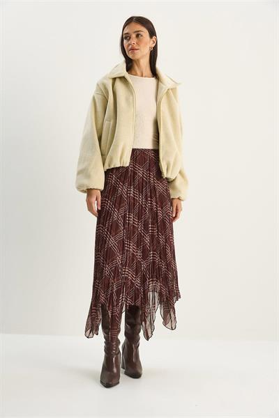 Ekose Desenli Astarlı Midi Boy Şifon Etek