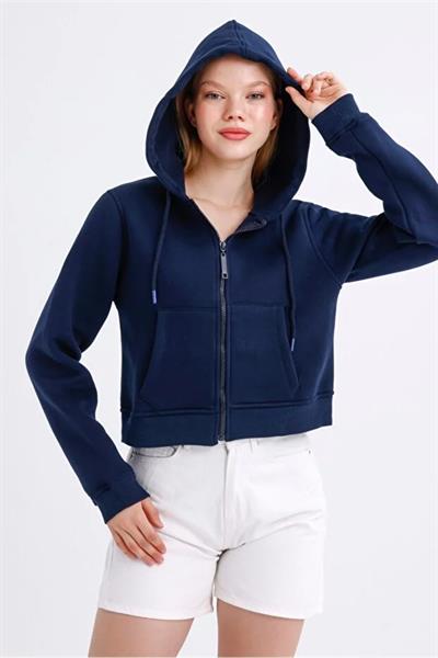 Fermuarlı 3 İp Crop Sweatshirt