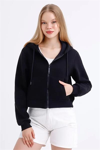 Fermuarlı 3 İp Crop Sweatshirt