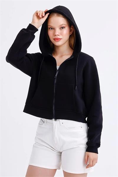 Fermuarlı 3 İp Crop Sweatshirt