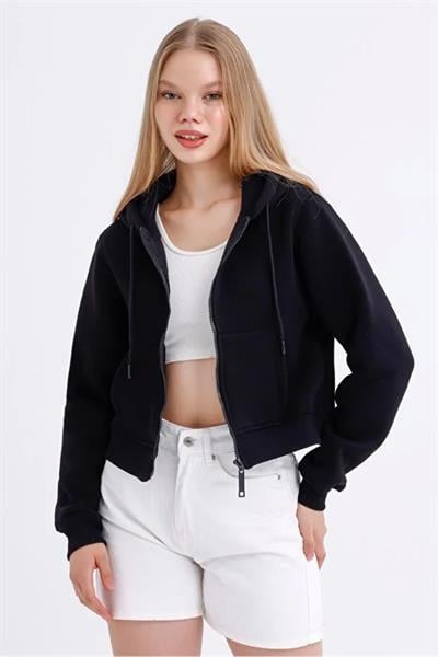 Fermuarlı 3 İp Crop Sweatshirt