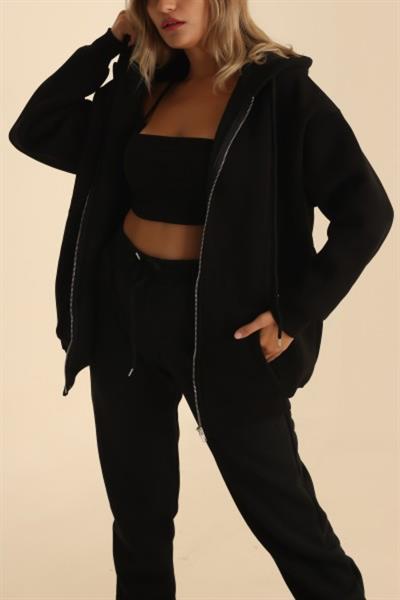 Fermuarlı Kapşonlu 3 İp Sweat