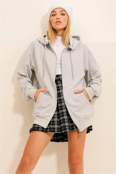 Fermuarlı Kaşonlu 3 İp Sweat
