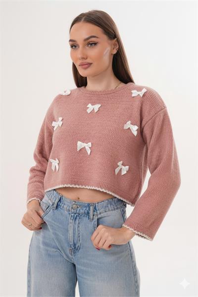 Fiyonk Detaylı Triko Örme Salaş Kısa Kazak