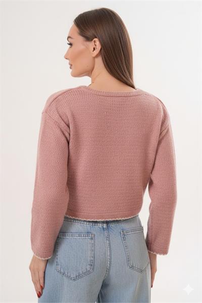 Fiyonk Detaylı Triko Örme Salaş Kısa Kazak