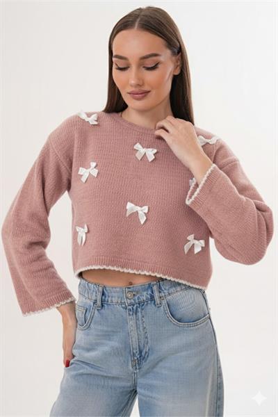 Fiyonk Detaylı Triko Örme Salaş Kısa Kazak