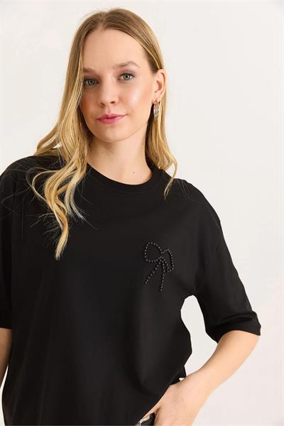 Fiyonk İşlemeli Oversize Kadın Tshirt