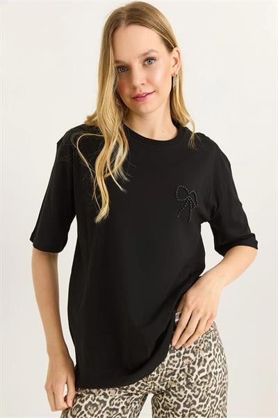 Fiyonk İşlemeli Oversize Kadın Tshirt