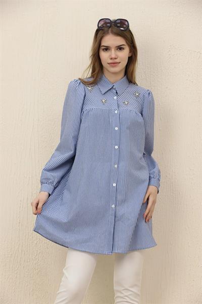 Göğsü Taşlı Çizgili Tunik