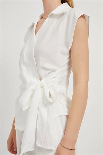 Gömlek Yaka Kolsuz Önü Bağlamalı Bluz