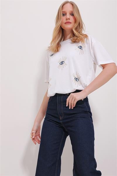 Göz Baskılı Bisiklet Yaka T-shirt