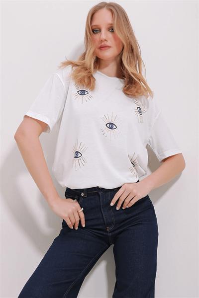 Göz Baskılı Bisiklet Yaka T-shirt