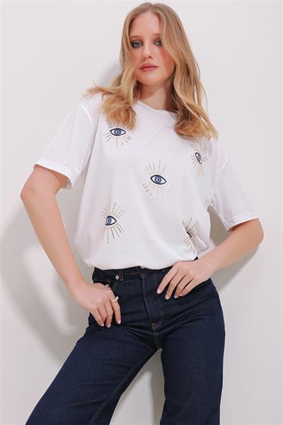 Göz Baskılı Bisiklet Yaka T-shirt