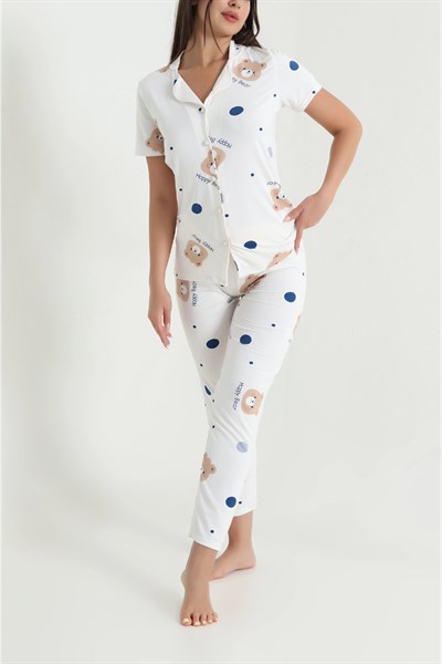 Happy Ayıcık Desenli Milan Kumaş Pijama Takımı