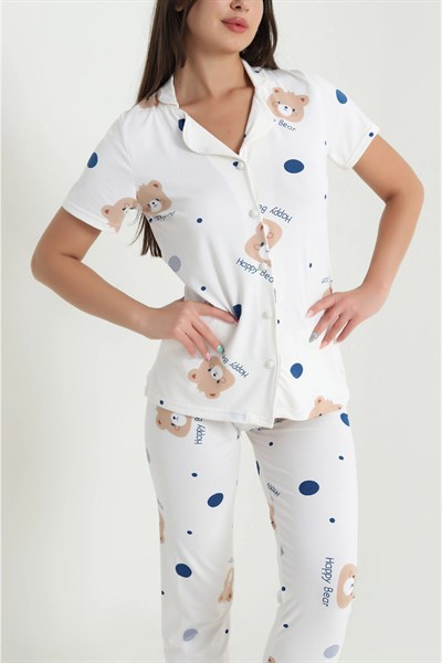 Happy Ayıcık Desenli Milan Kumaş Pijama Takımı