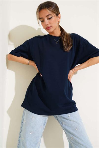 İki İplik Bisiklet Yaka Oversize Tshirt