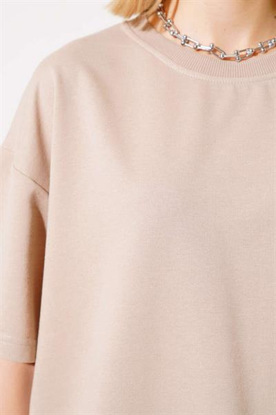 İki İplik Bisiklet Yaka Oversize Tshirt