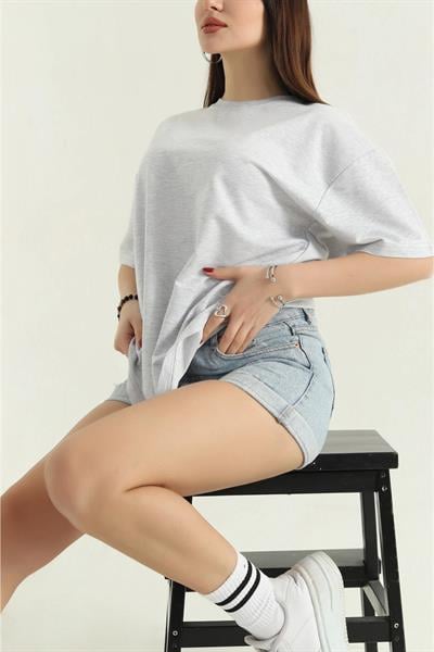 İki İplik Bisiklet Yaka Oversize Tshirt