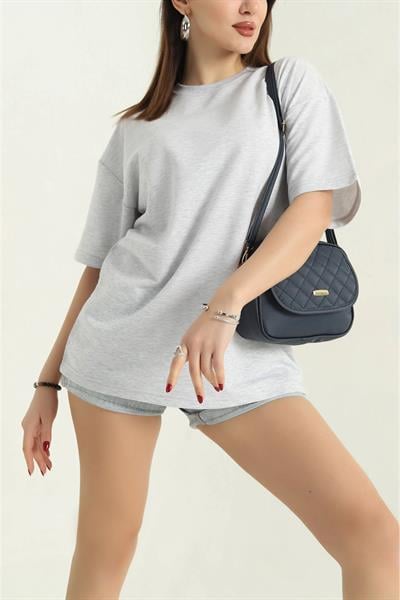 İki İplik Bisiklet Yaka Oversize Tshirt