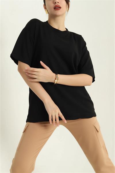 İki İplik Bisiklet Yaka Oversize Tshirt