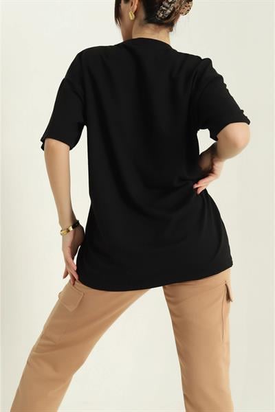 İki İplik Bisiklet Yaka Oversize Tshirt