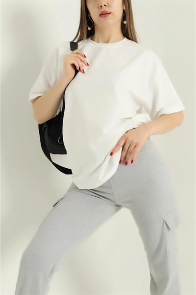 İki İplik Bisiklet Yaka Oversize Tshirt