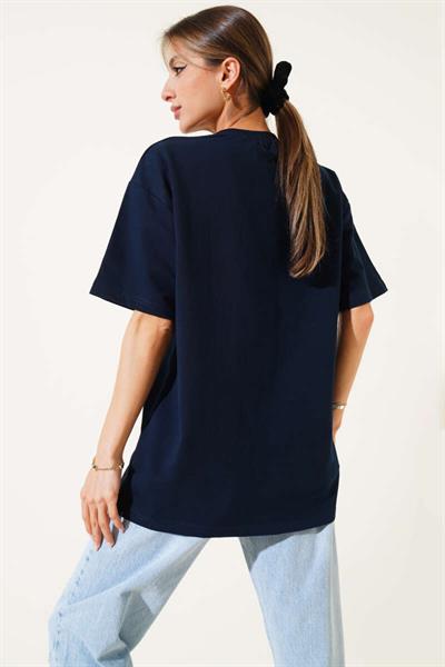 İki İplik Bisiklet Yaka Oversize Tshirt