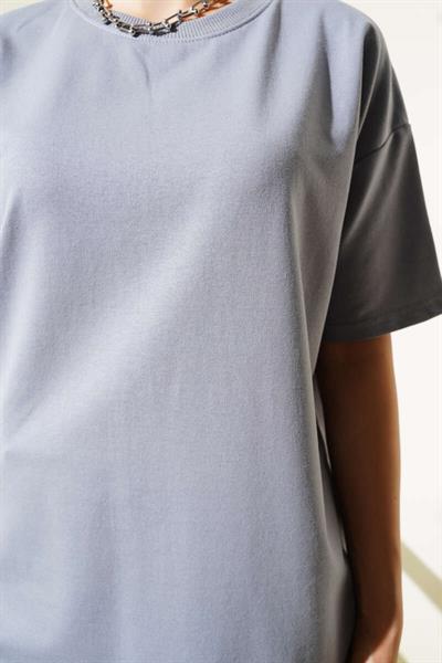 İki İplik Bisiklet Yaka Oversize Tshirt