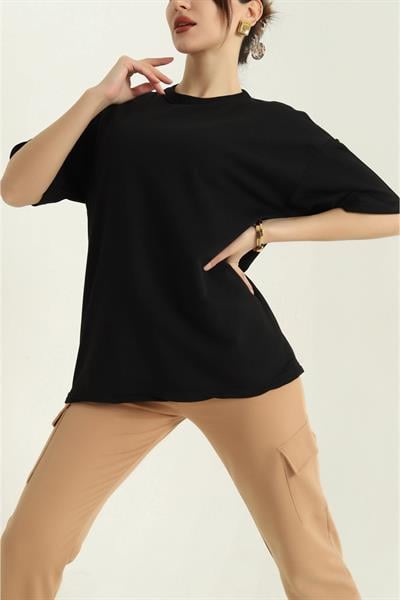 İki İplik Bisiklet Yaka Oversize Tshirt
